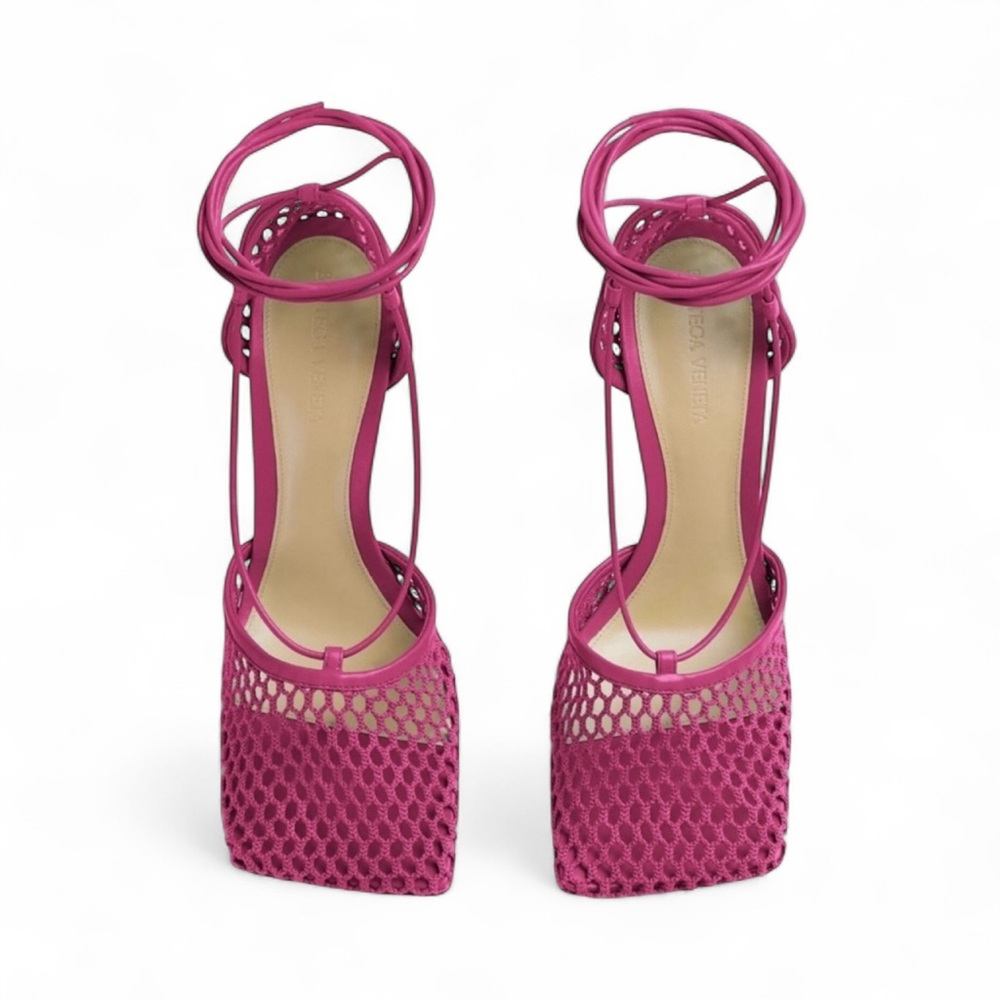 Bottega Veneta Stretch Web Lace-Up Heels | Pink Hollyhock | Square Toe Sandals